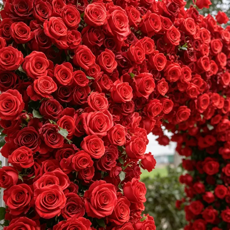 Close-up Detail of Dense Red Roses Rose Buds and Green Foliage on Artificial Flower Arch