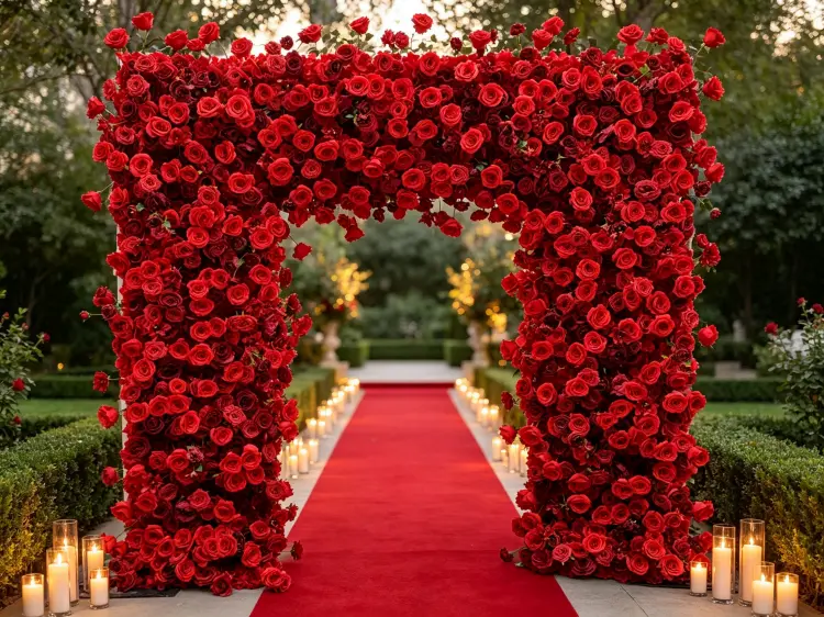 Red Flower Arch at Romantic Wedding Ceremony Entrance with Dense Red Roses