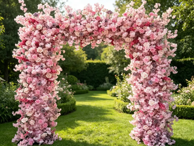 Pink Wedding Arch at Romantic Outdoor Garden Ceremony with Dense Pink Roses