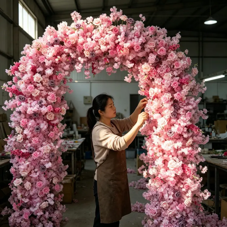 Artisan Handcrafting Artificial Flower Arch Detail Process Handmade Quality Control