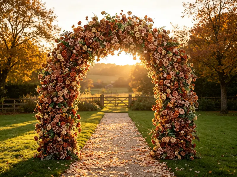 Outdoor Wedding Arch at Rustic Autumn Garden Ceremony with Warm Rust Orange Terracotta Roses