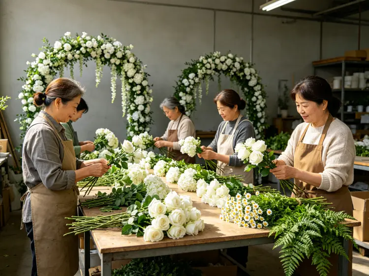 Artificial Flower Factory Production Line Workers Handmade Assembly Workshop for Flower Arches