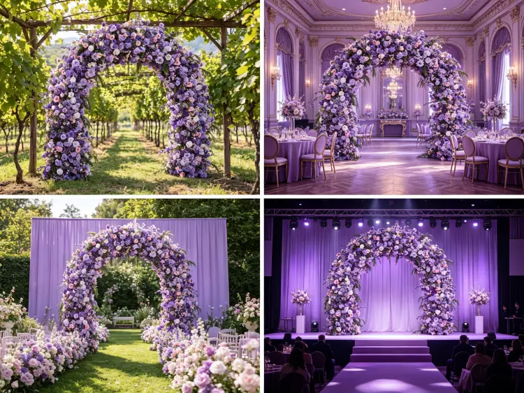 Purple Flower Arch in Vineyard Ballroom Garden and Photo Booth Settings