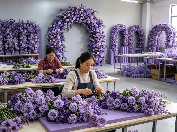 Factory Workers Hand-Tying Purple Rose Flower Arch Production Line