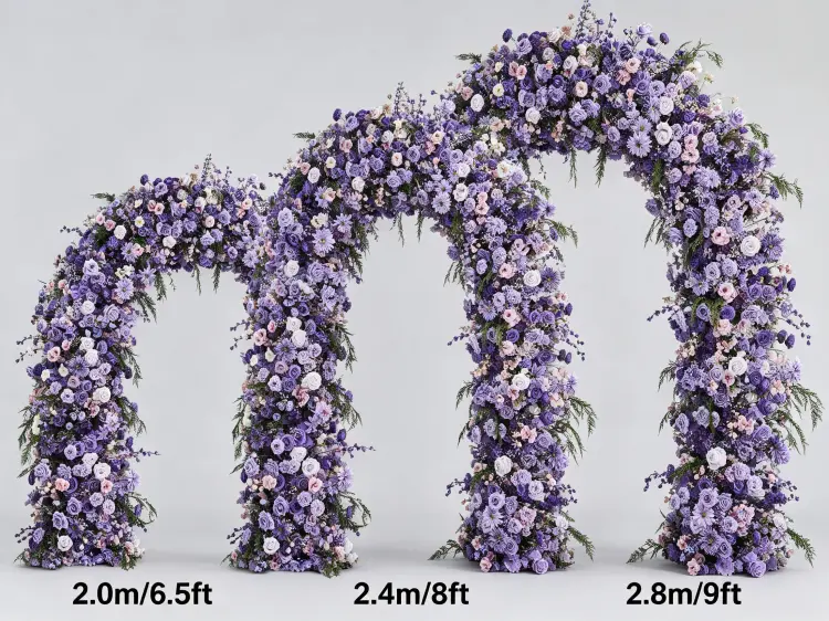 Purple Flower Arch Size Comparison 2.0m 2.4m 2.8m with Person for Scale