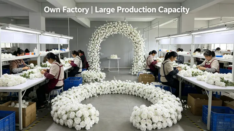 Factory Workers Hand-Tying White Rose Flower Arch Production Line