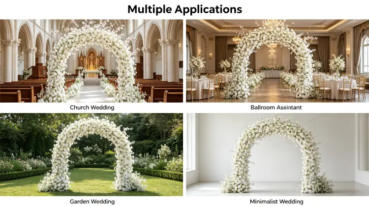 White Flower Arch in Four Wedding Settings Vineyard Ballroom Garden Photo Booth