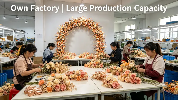 Factory Workers Hand-Tying Rose Gold Flower Arch Gradient Production Line