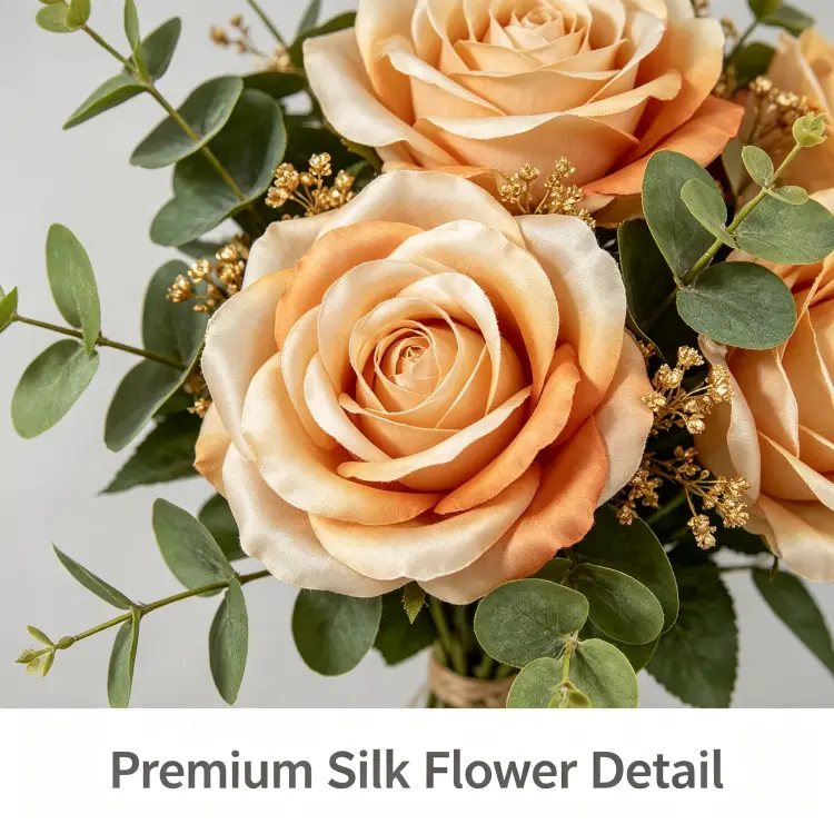 Close-up Detail of Rose Gold Champagne Orange Roses with Golden Filler and Eucalyptus