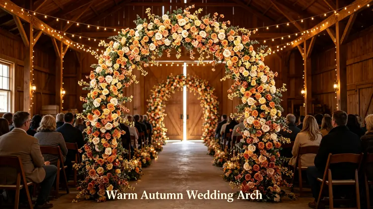 Rose Gold Flower Arch at Warm Autumn Wedding Ceremony with Champagne and Orange Roses