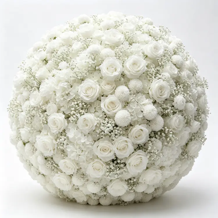 Extra Large White Artificial Flower Ball Front View Full Round Sphere on White Background