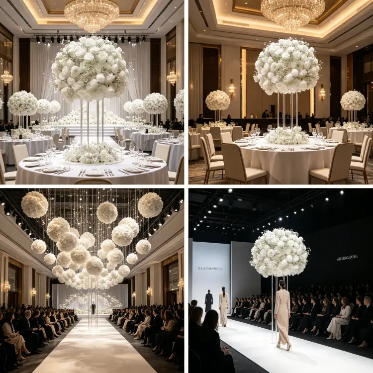 White Artificial Flower Ball in Multiple Event Settings Wedding Banquet Hotel and Ceremony