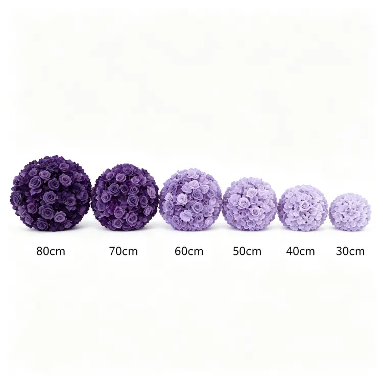 Purple Artificial Flower Ball Size Comparison 30cm 40cm 50cm 60cm 70cm 80cm Diameter