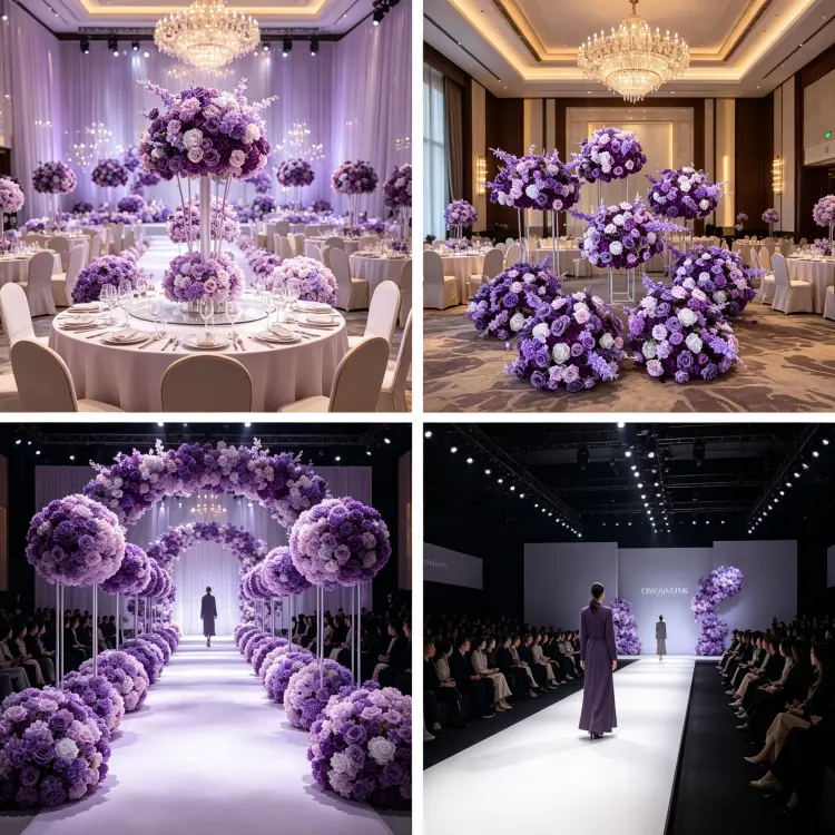 Purple Artificial Flower Ball in Multiple Event Settings Wedding Banquet Hotel and Ceremony