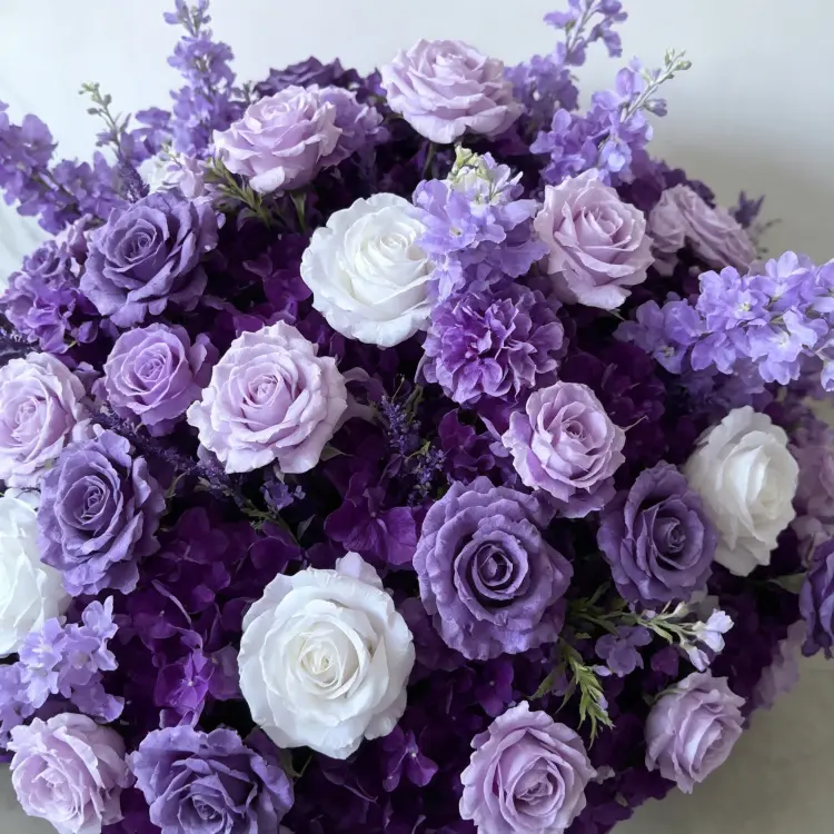 Close-up Detail of Purple Ombre Artificial Flower Ball with Roses Hydrangea and Delphinium