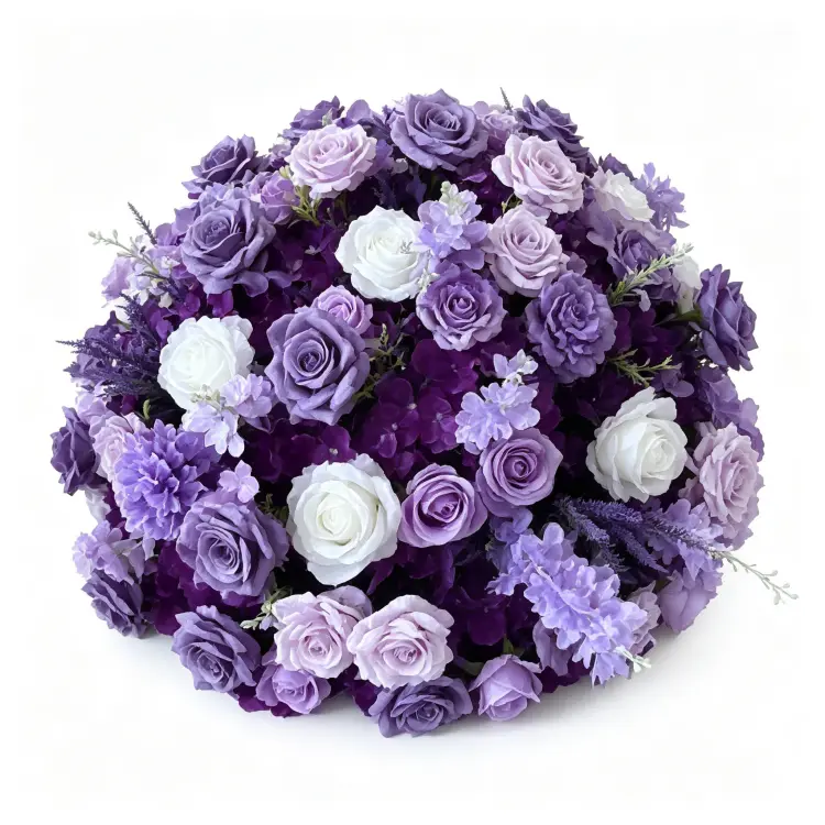 Purple Ombre Artificial Flower Ball Front View Full Round Sphere on White Background