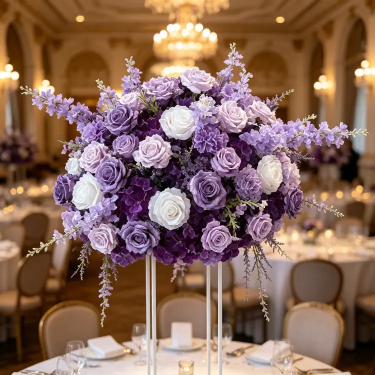 Purple Ombre Artificial Flower Ball on Metal Stand for Luxury Wedding Banquet Centerpiece