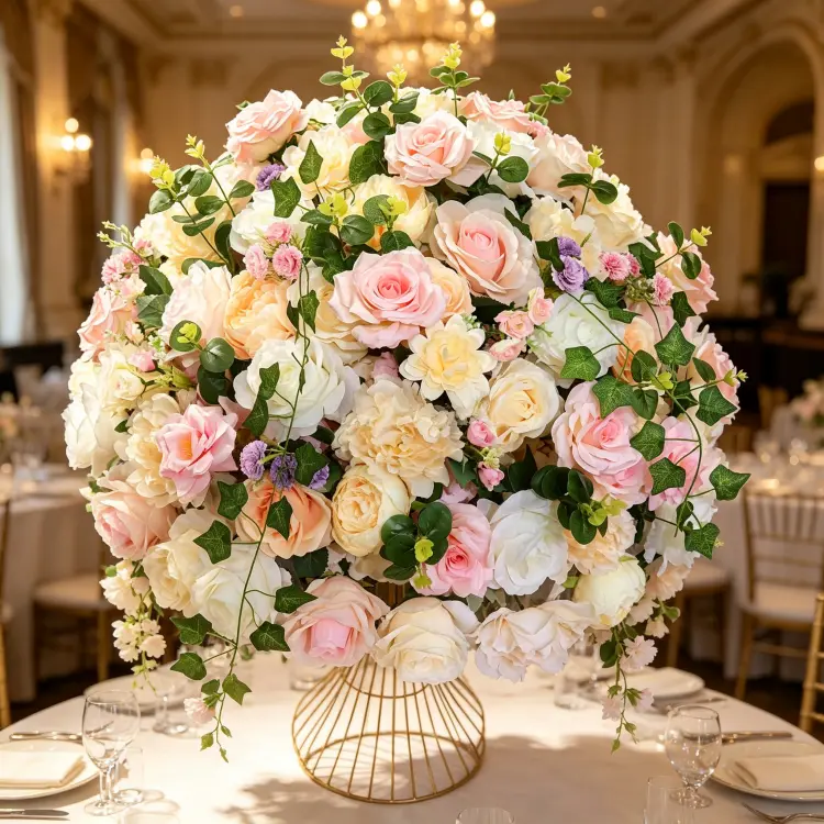 Blush Pink White Champagne Artificial Flower Ball on Gold Stand for Romantic Wedding Banquet Centerpiece