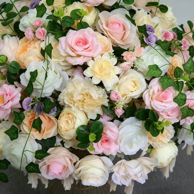 Close-up Detail of Blush Pink White Champagne Artificial Flower Ball with Roses Peonies and Ivy