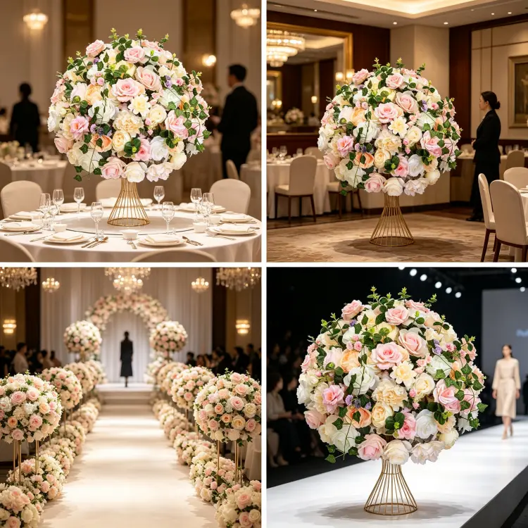 Blush Champagne Artificial Flower Ball in Multiple Event Settings Wedding Banquet Hotel and Ceremony