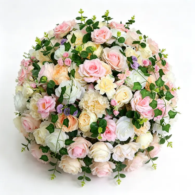 Blush Pink White Champagne Artificial Flower Ball Front View Full Round Sphere on White Background