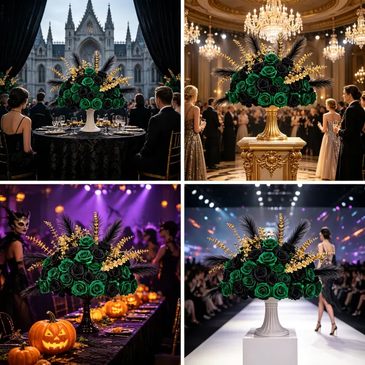 Emerald Black Gold Artificial Flower Ball in Multiple Settings Gothic Wedding Gala Halloween and Brand Event
