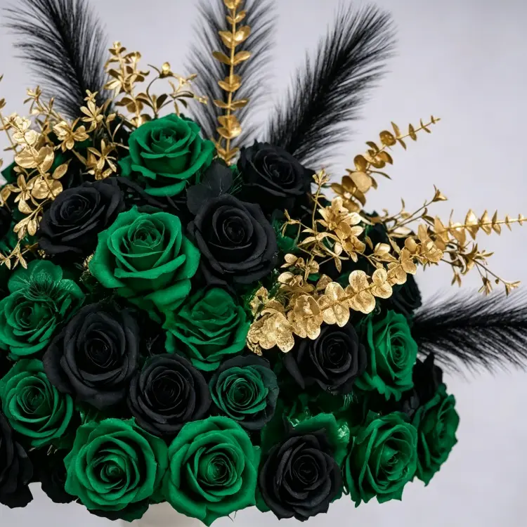 Close-up Detail of Emerald Green Black Gold Artificial Flower Ball with Roses Eucalyptus and Pampas Grass