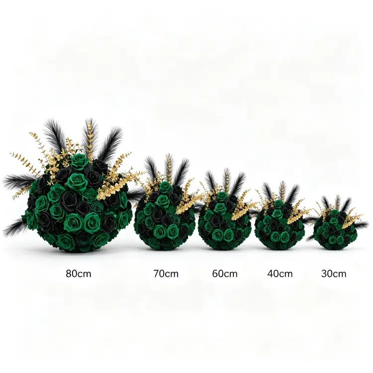 Emerald Black Gold Artificial Flower Ball Size Comparison 30cm 40cm 50cm 60cm 70cm 80cm Diameter