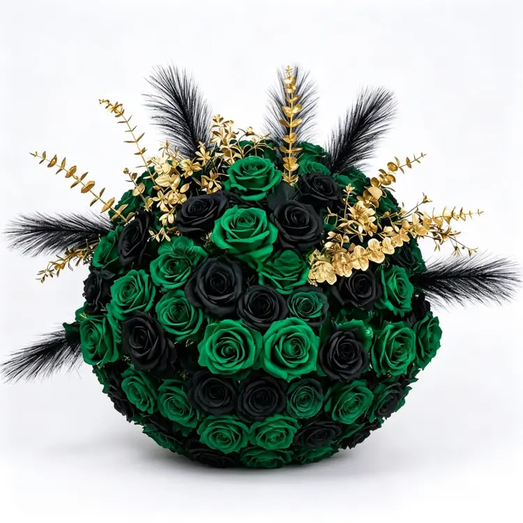 Emerald Green Black Gold Artificial Flower Ball Front View Full Round Sphere on White Background