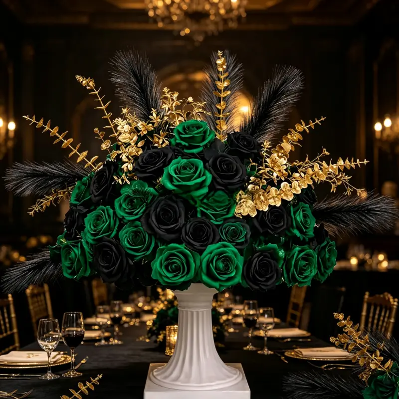 Emerald Green Black Gold Artificial Flower Ball on White Pedestal for Gothic Wedding Banquet Centerpiece