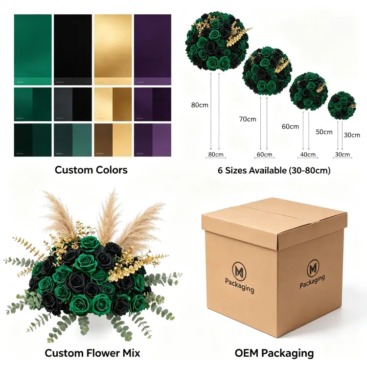 Custom Emerald Black Gold Artificial Flower Ball Color Size and OEM Design Options