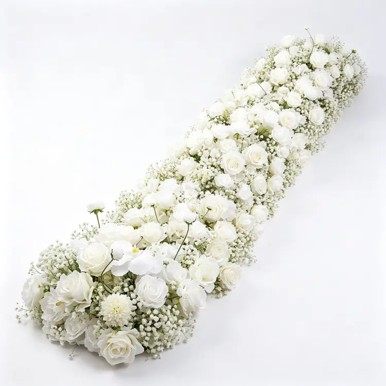 White Faux Flower Runner Front View Full Length Flat Lay on White Background