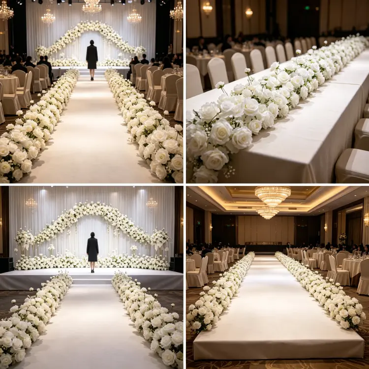 White Artificial Flower Runner in Multiple Event Settings Wedding Aisle Banquet Table and Ceremony