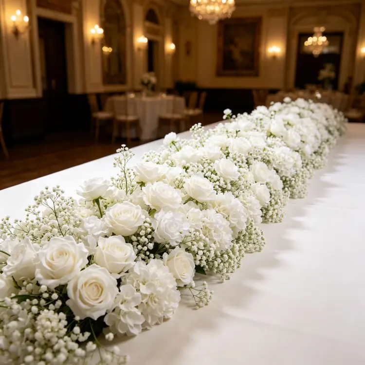 White Faux Flower Runner on Luxury Banquet Table for Wedding Reception Decor