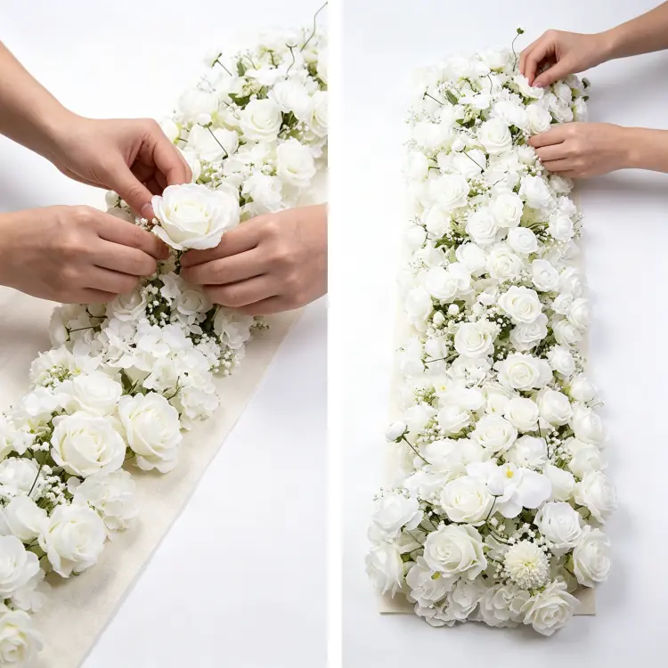 White Artificial Flower Runner Backing Structure Hidden Attachment Points and Rolled Storage Form