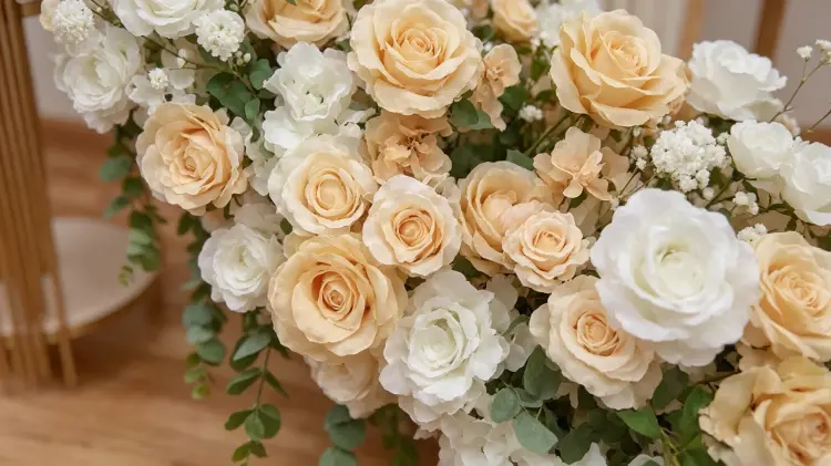 Close-up Detail of Champagne Cream Artificial Flower Garland with Roses Hydrangea and Eucalyptus