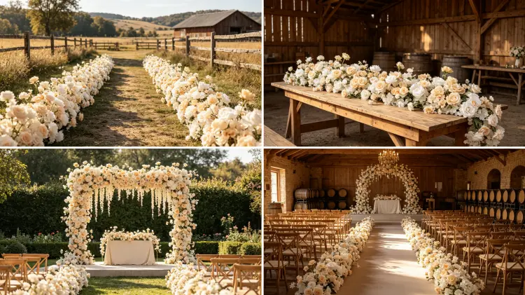 Champagne Artificial Flower Runner in Multiple Country Wedding Settings Aisle Banquet Garden and Ceremony