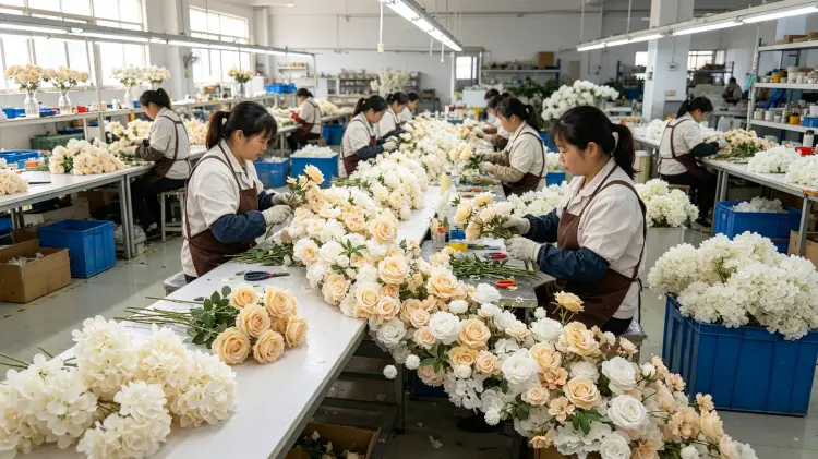Artificial Flower Factory Production Line Workers Handmade Assembly Workshop for Flower Runners