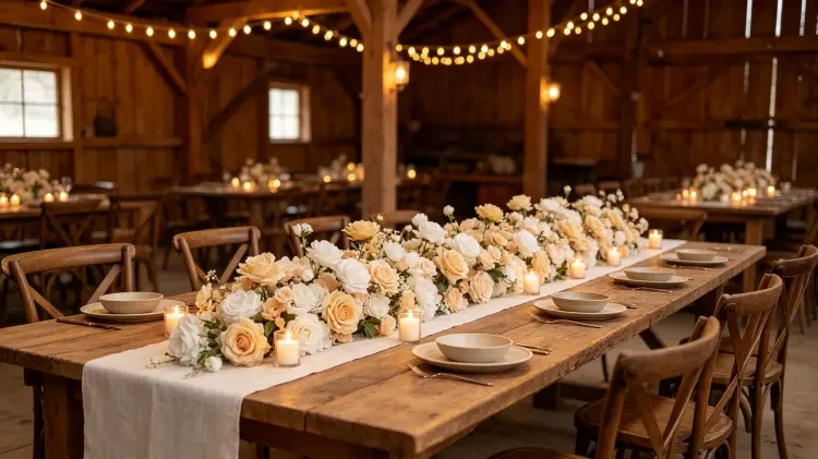 Champagne Rustic Flower Runner on Barn Wedding Table Country Reception Decor