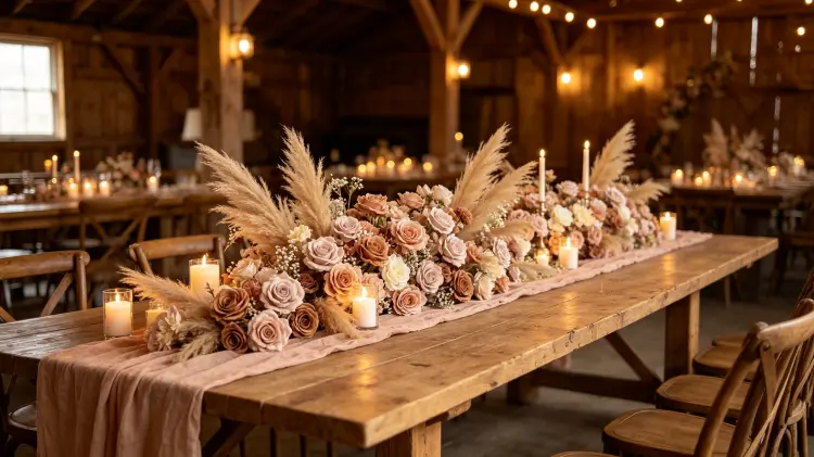 Dusty Rose Boho Flower Runner on Barn Wedding Table Bohemian Decor