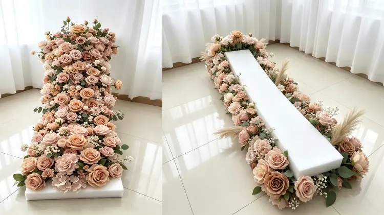 Dusty Rose Artificial Flower Runner Backing Structure Hidden Attachment Points and Rolled Storage Form