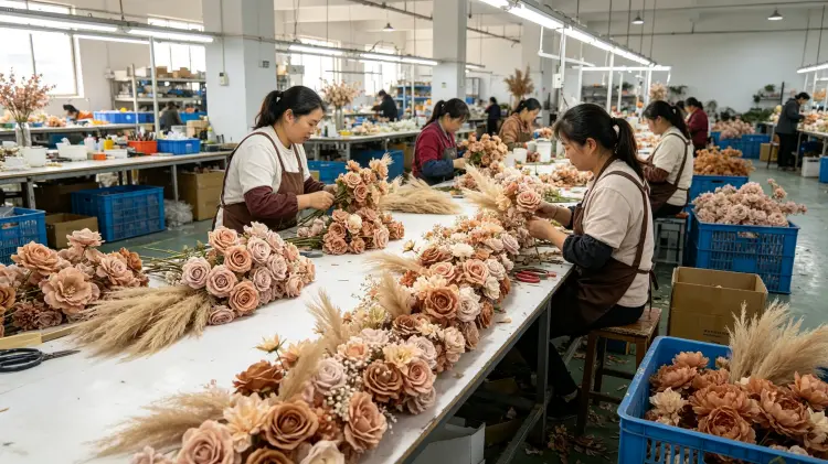 Artificial Flower Factory Production Line Workers Handmade Assembly Workshop for Flower Runners