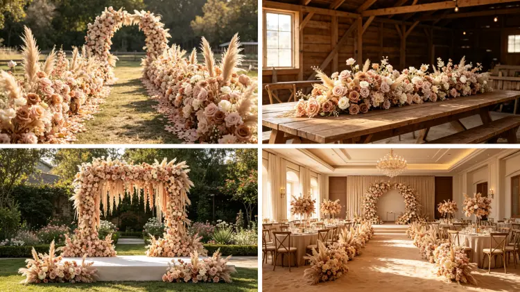 Dusty Rose Artificial Flower Runner in Multiple Bohemian Wedding Settings Aisle Banquet Garden Ceremony