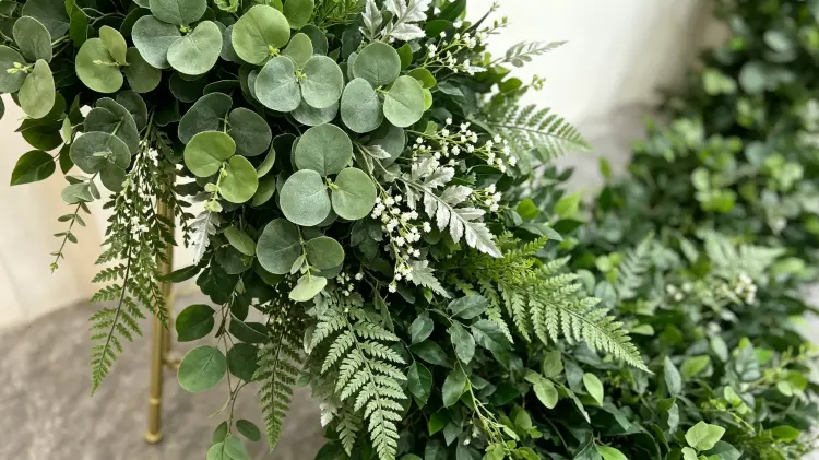 Close-up Detail of Greenery Eucalyptus Ivy Fern Artificial Flower Garland