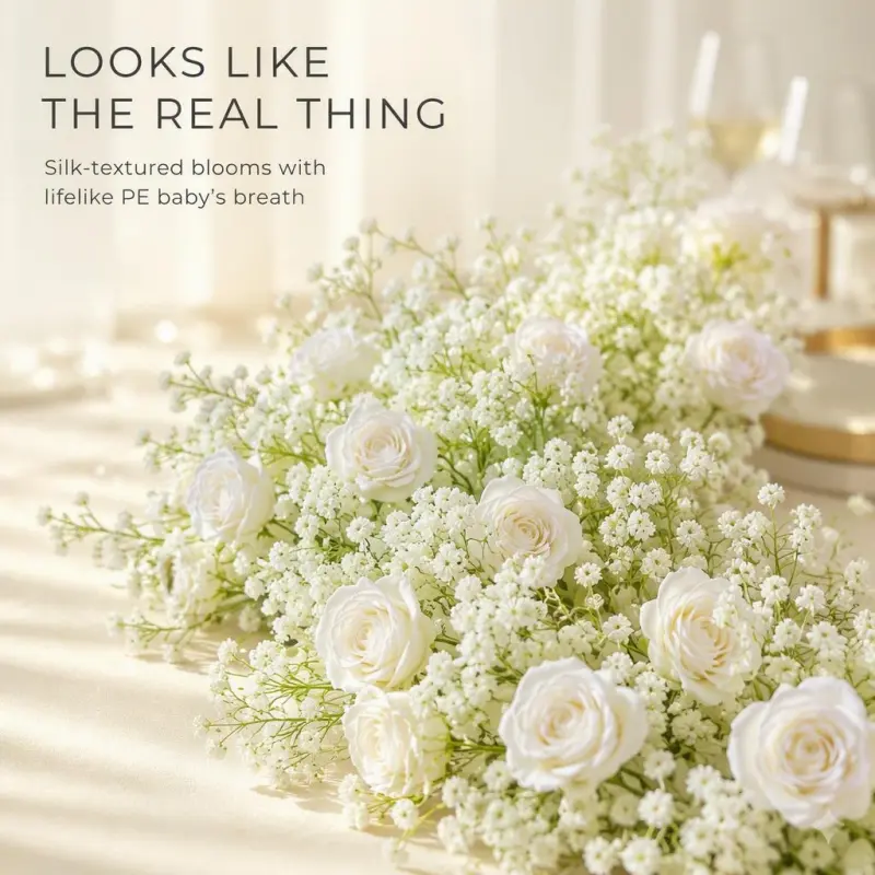 Baby's Breath Flower Runner – White Rose & Gypsophila Artificial Aisle Runner