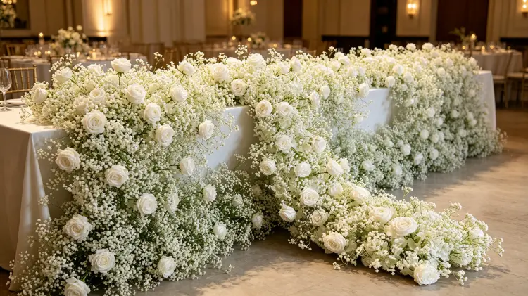 Baby's Breath Flower Runner on Romantic Wedding Table White Rose Gypsophila Decor
