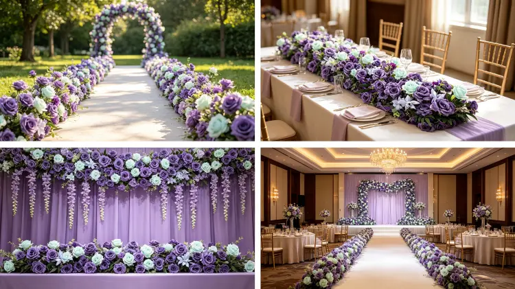 Purple Artificial Flower Runner in Multiple Dreamy Wedding Settings Aisle Banquet Garden Ceremony