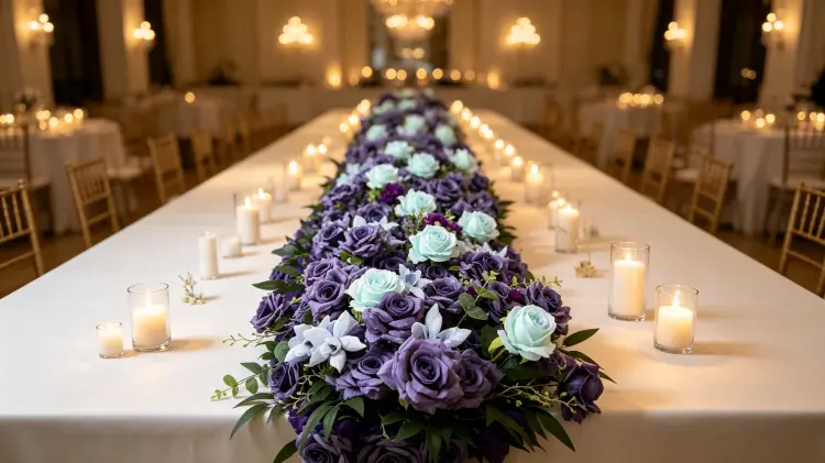Purple Flower Runner on Dreamy Wedding Table Lavender Rose Mint Orchid Decor