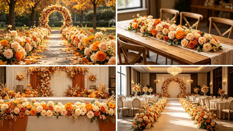 Orange Artificial Flower Runner in Multiple Fall Wedding Settings Aisle Banquet Garden Ceremony