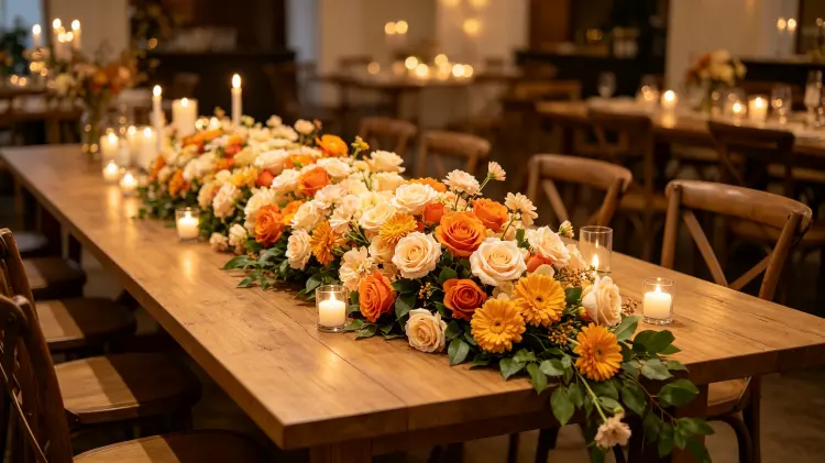Orange Flower Runner on Fall Wedding Table Orange Rose Cream Marigold Decor